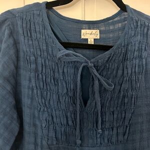 Wonderly Dusty Blue Smocked Tie-Front Tunic Top